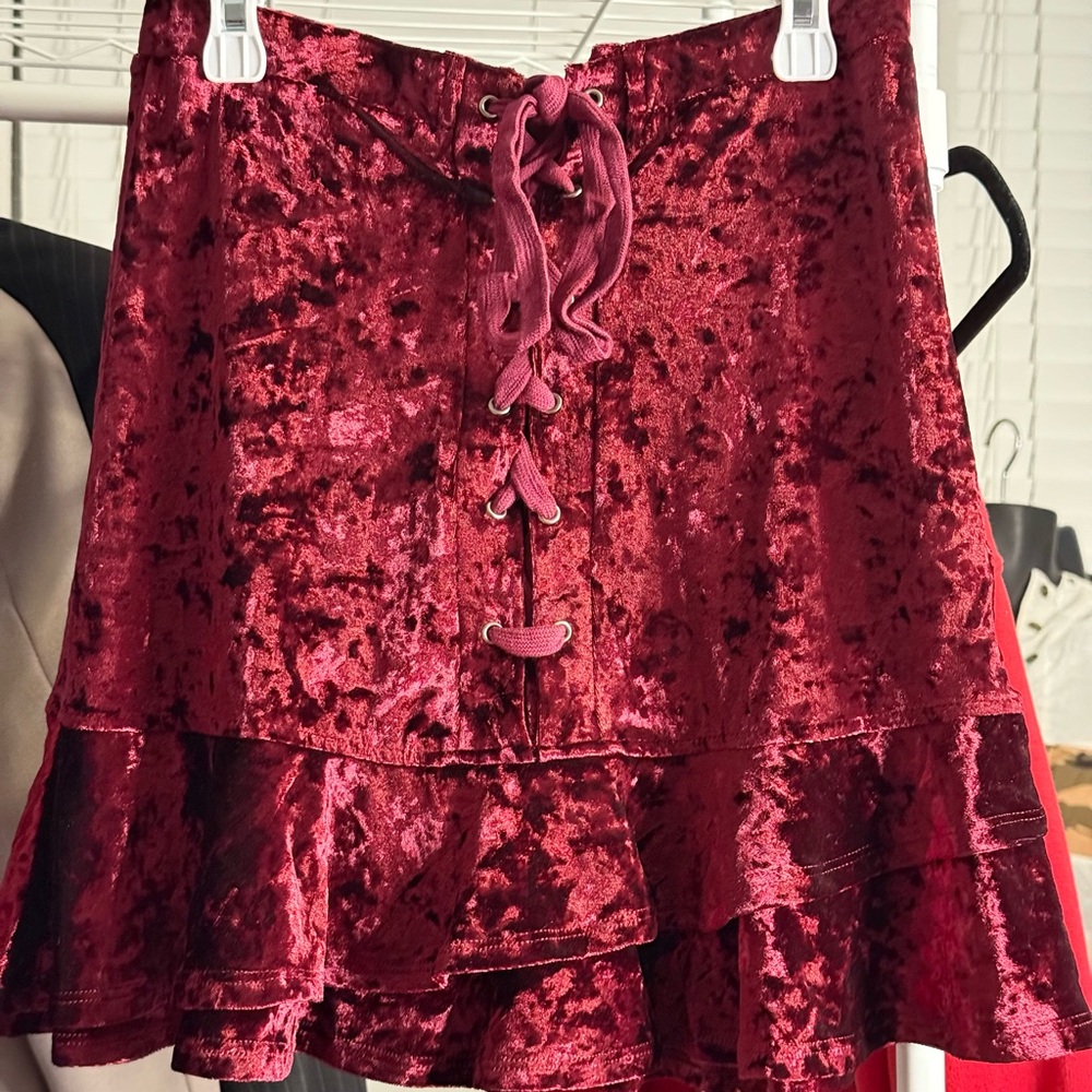 Bear Dance Velvet Lace-Up Mini Skirt in Deep Red - Picture 2 of 6